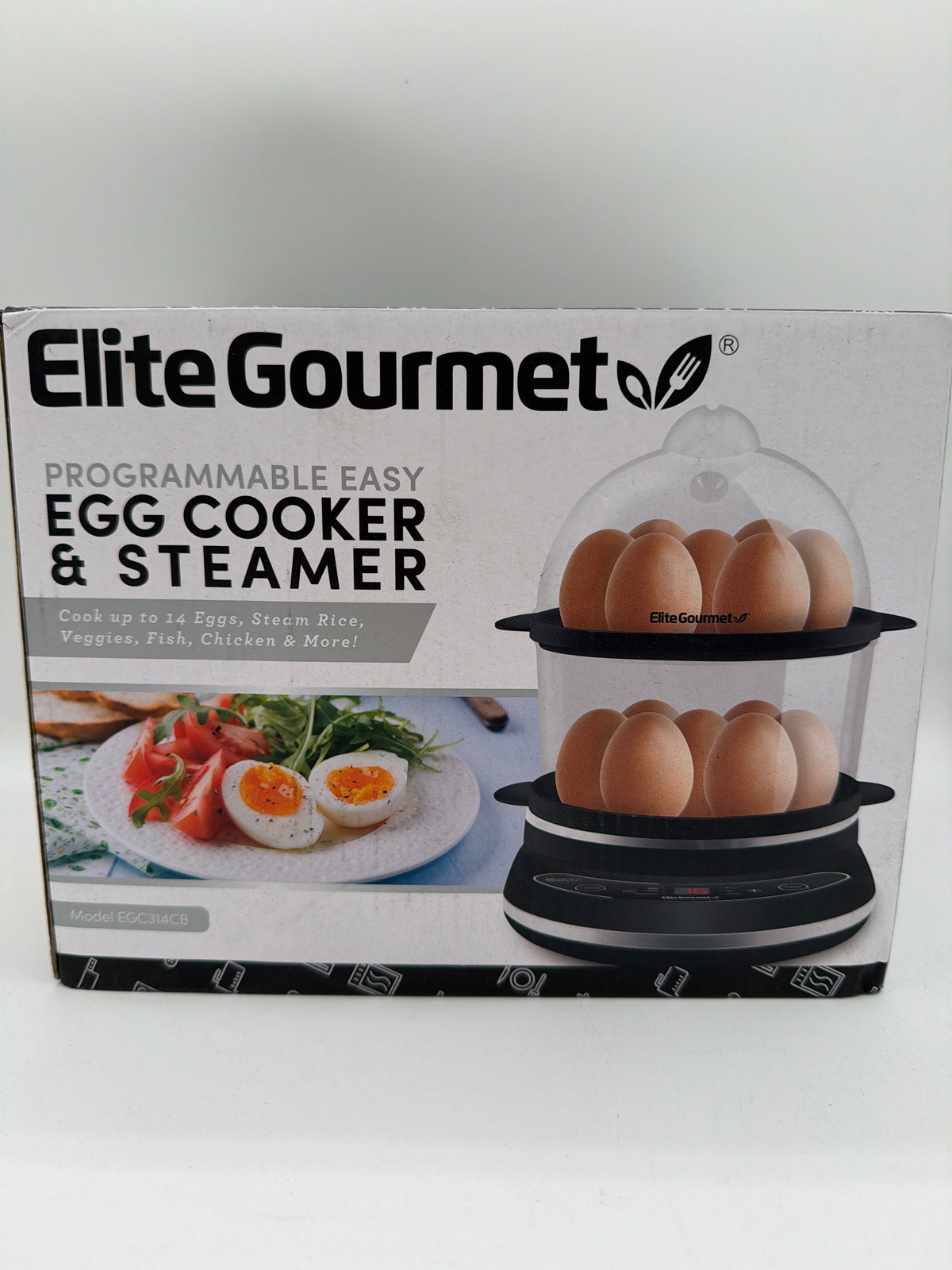 Elite Gourmet EGC314CB Digital Easy Egg Cooker Food Steamer, Poacher, Omelet, Soft, Medium, Hard-Boiled Egg with 6 Programmed Preset Functions, 2-Tiers, Measuring Cup, 14 egg capacity, Black