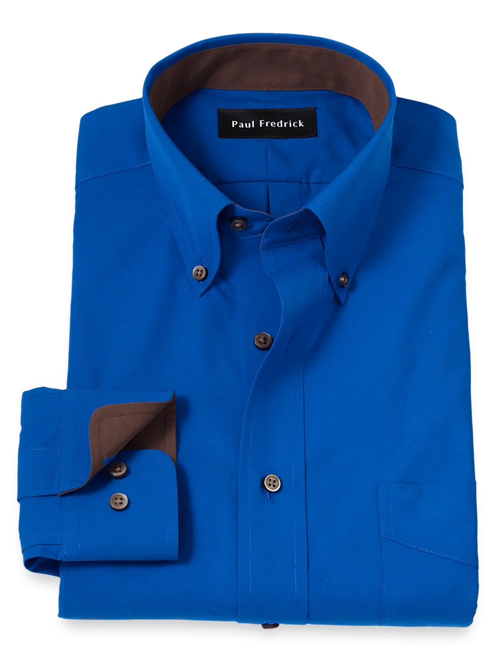 Paul Fredrick Non-Iron Cotton Solid Dress Shirt with Contrast Trim Cobalt Blue Slim Fit 16.5x34