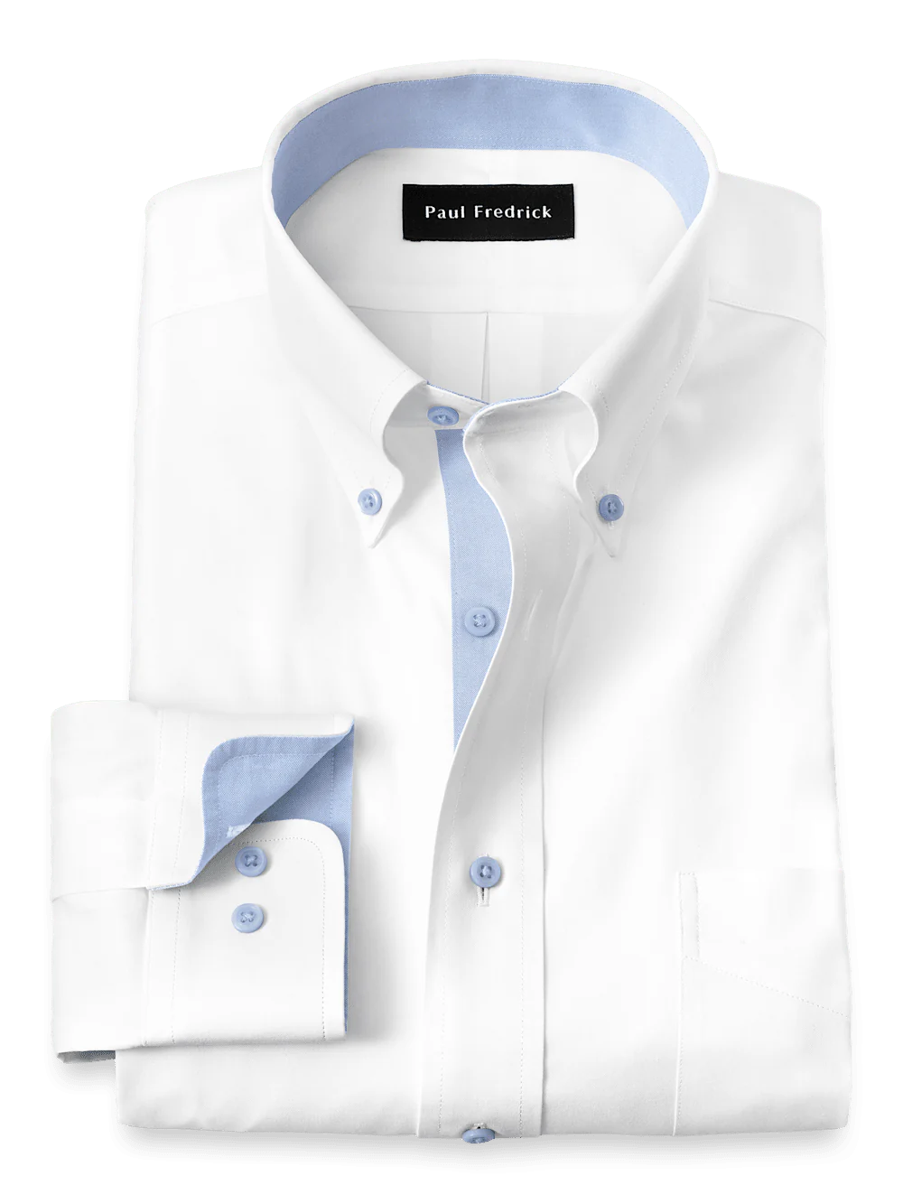 Paul Fredrick Non-Iron Cotton Solid Dress Shirt with Contrast Trim White/Light Blue Slim Fit 16.5x34
