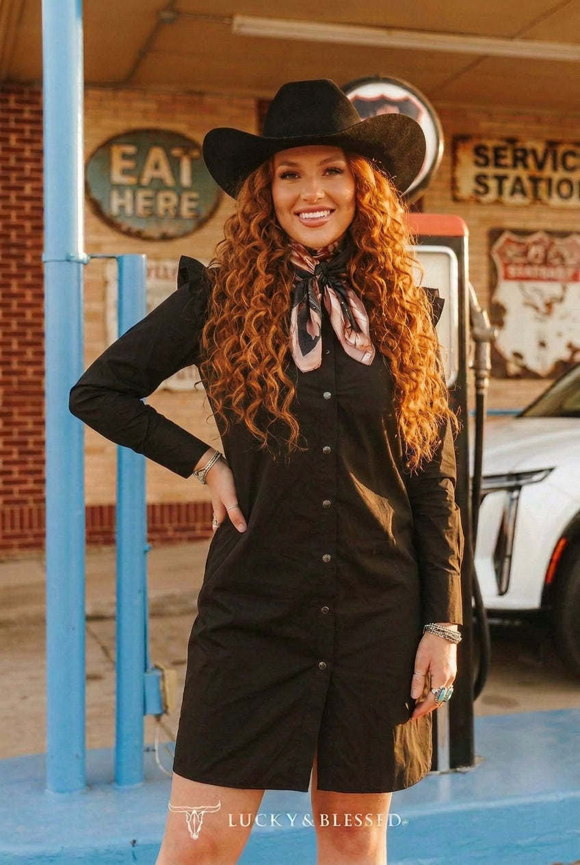 LUCKY & BLESSED Black Cotton Button Down Ruffle Sleeve Dress W Horse Embroidered On the Collar Size  X Large