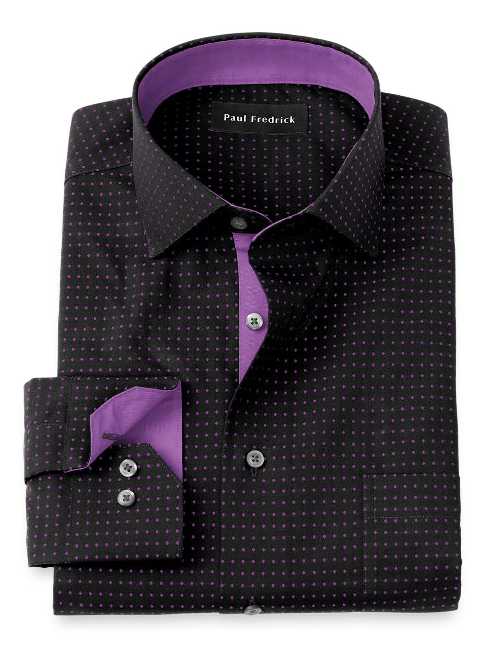 Paul Fredrick Non-Iron Cotton Solid Dress Shirt with Contrast Trim Black/Purple Slim Fit 16.5x34