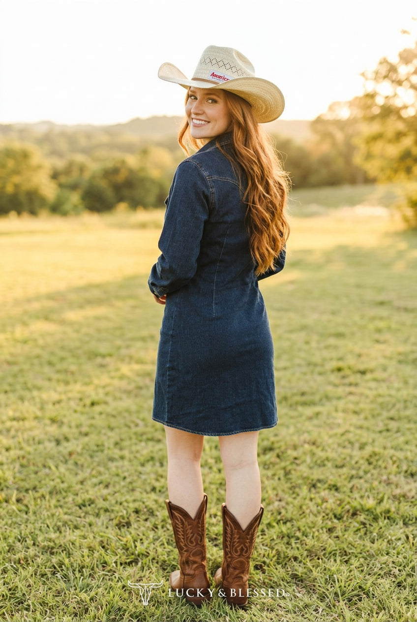 LUCKY & BLESSED Classic Western Button Down Long Sleeve Denim Dress Size X Small