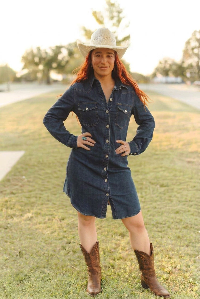 LUCKY & BLESSED Classic Western Button Down Long Sleeve Denim Dress Size X Small