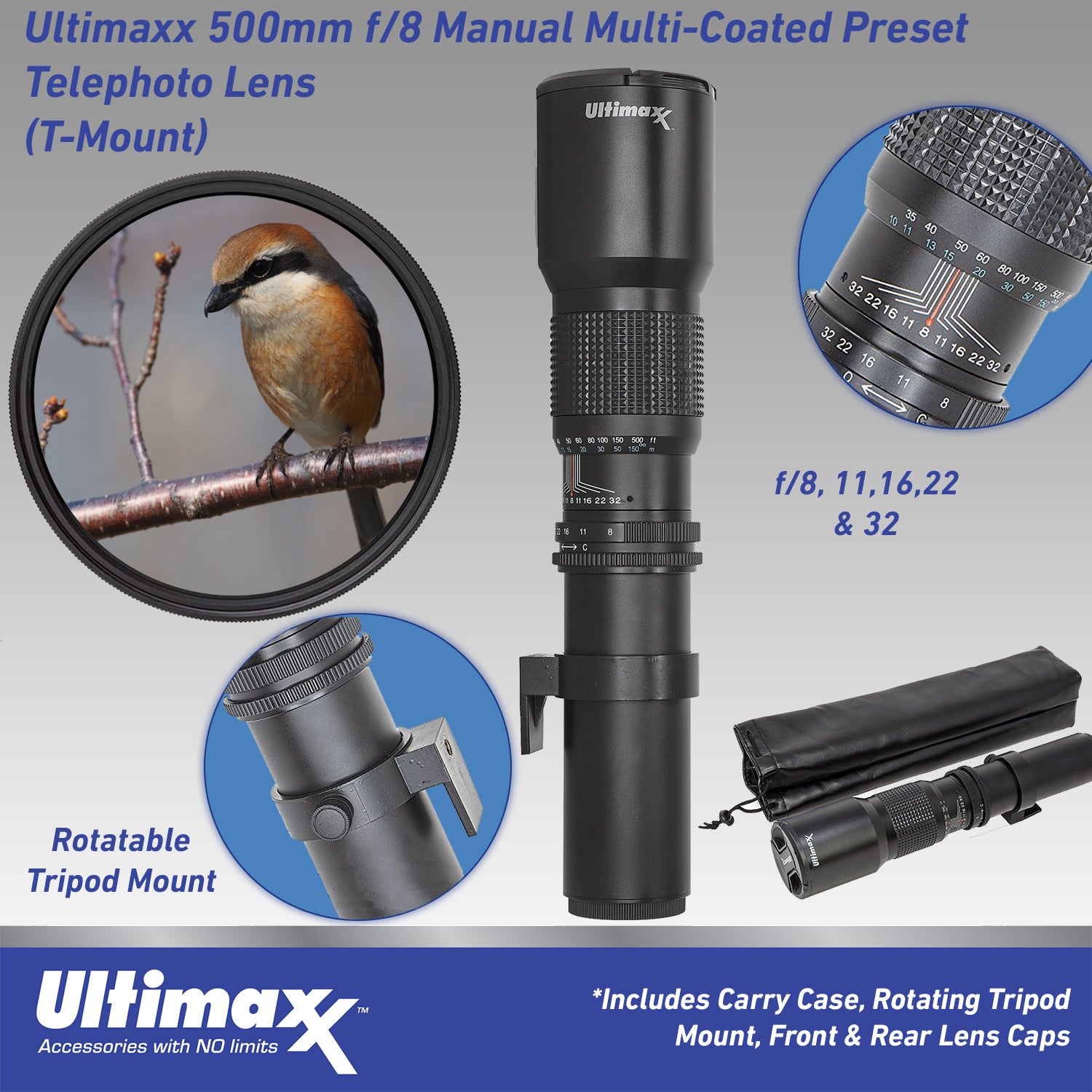 Ultimaxx - 500mm f/8 Manual Multi-Coated Preset Telephoto T-Mount Lens (UM-TP500PWS)