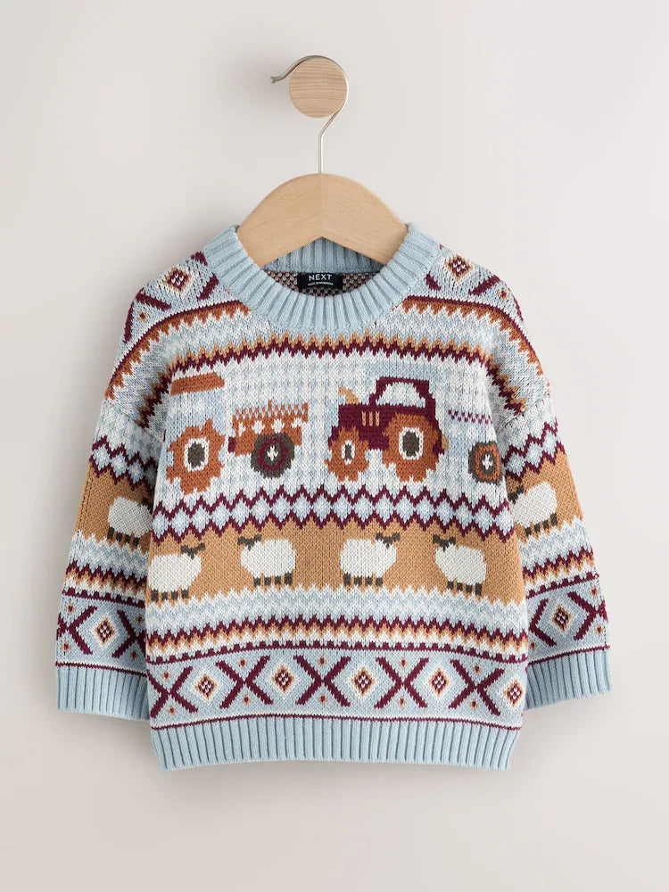 NEXT Light Blue Fairisle Pattern Knitted Crew Neck Jumper (9-12 Months)