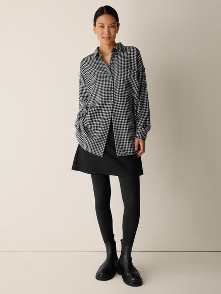 Eileen Fisher Wool Cotton Check Classic Collar Long Shirt Boxy Fit, Black Thigh Length Women's XS