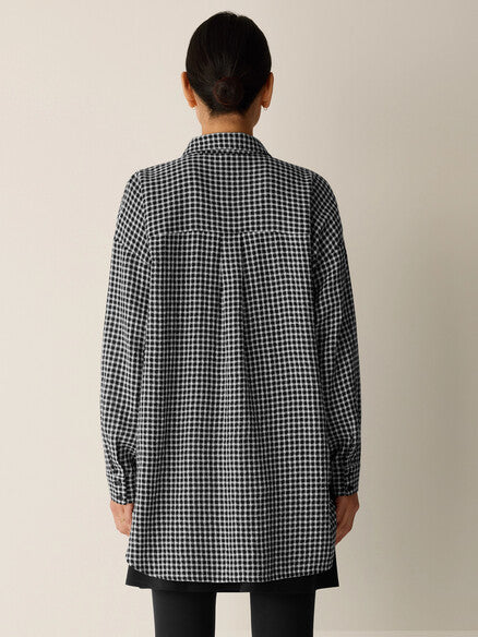 Eileen Fisher Wool Cotton Check Classic Collar Long Shirt Boxy Fit, Black Thigh Length Women's XS