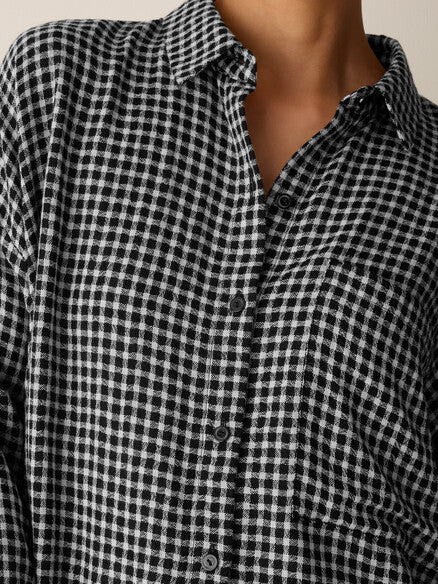 Eileen Fisher Wool Cotton Check Classic Collar Long Shirt Boxy Fit, Black Thigh Length Women's XS
