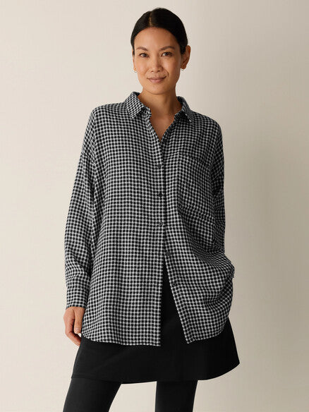 Eileen Fisher Wool Cotton Check Classic Collar Long Shirt Boxy Fit, Black Thigh Length Women's XS