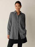 Eileen Fisher Wool Cotton Check Classic Collar Long Shirt Boxy Fit, Black Thigh Length Women's XS