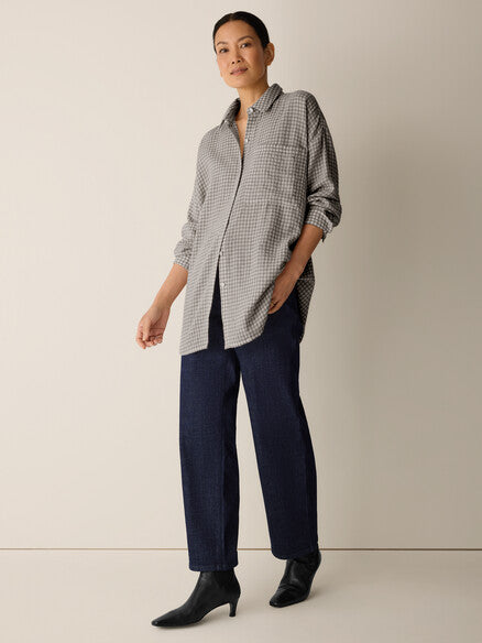 Eileen Fisher Wool Cotton Check Classic Collar Long Shirt Boxy Fit, Thigh Length Women's M