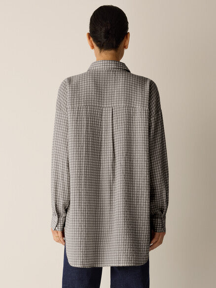 Eileen Fisher Wool Cotton Check Classic Collar Long Shirt Boxy Fit, Thigh Length Women's M