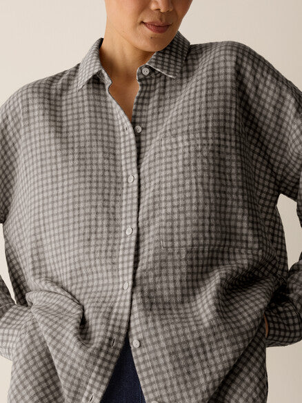 Eileen Fisher Wool Cotton Check Classic Collar Long Shirt Boxy Fit, Thigh Length Women's M