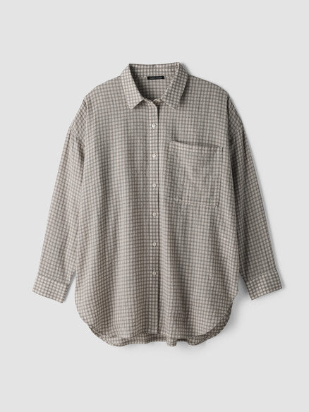 Eileen Fisher Wool Cotton Check Classic Collar Long Shirt Boxy Fit, Thigh Length Women's M