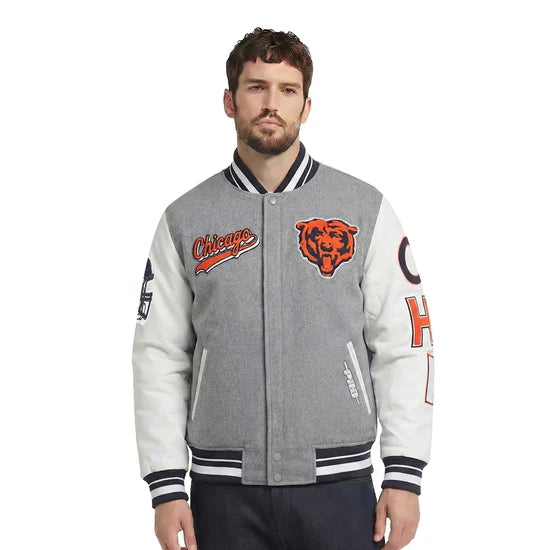 NFL Chicago Bears Script Tail Men's Rib Wool Varsity - Heather Grey/White/Midnight Navy - Large