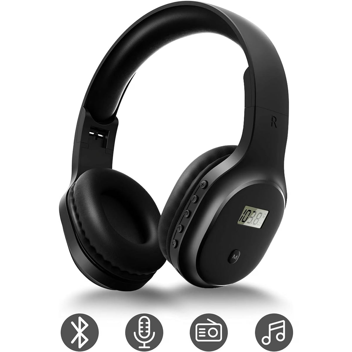 FM Radio Headphones, Rechargeable Portable Headset with Built-in Microphone, A8 (Black)