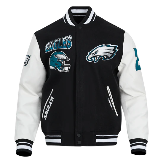 NFL Philadelphia Eagles Turn It Up Men's Rib Wool Varsity Jacket - Black/White - XL