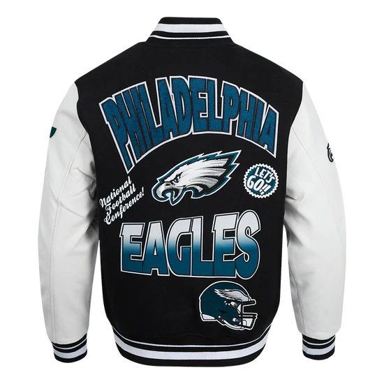 NFL Philadelphia Eagles Turn It Up Men's Rib Wool Varsity Jacket - Black/White - XL