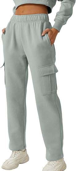 (LG) QINSEN Womens Medium Waist Baggy Elastic Waist Sweatpants-Color: Frosty Green- Casual Fleece Long Pants with Pockets
