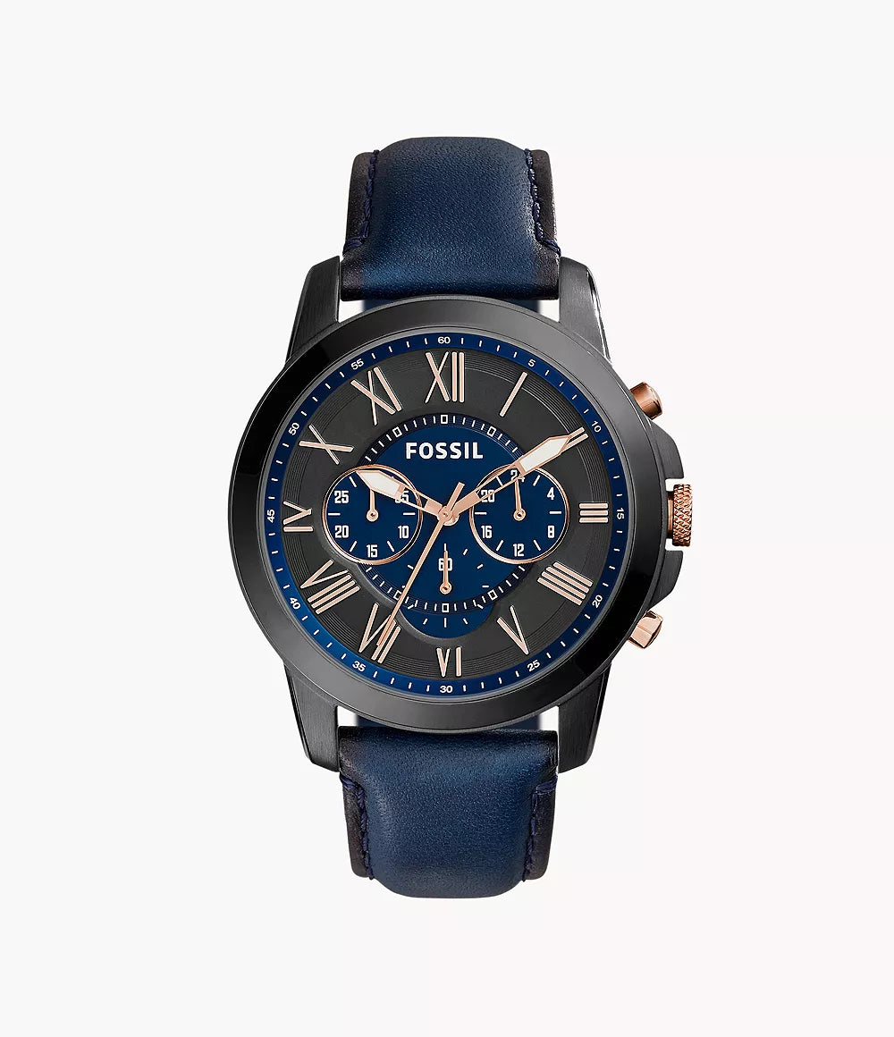 Fossil Men's Grant Quartz Stainless Steel and Leather Chronograph Watch (Black W/ Blue strap)