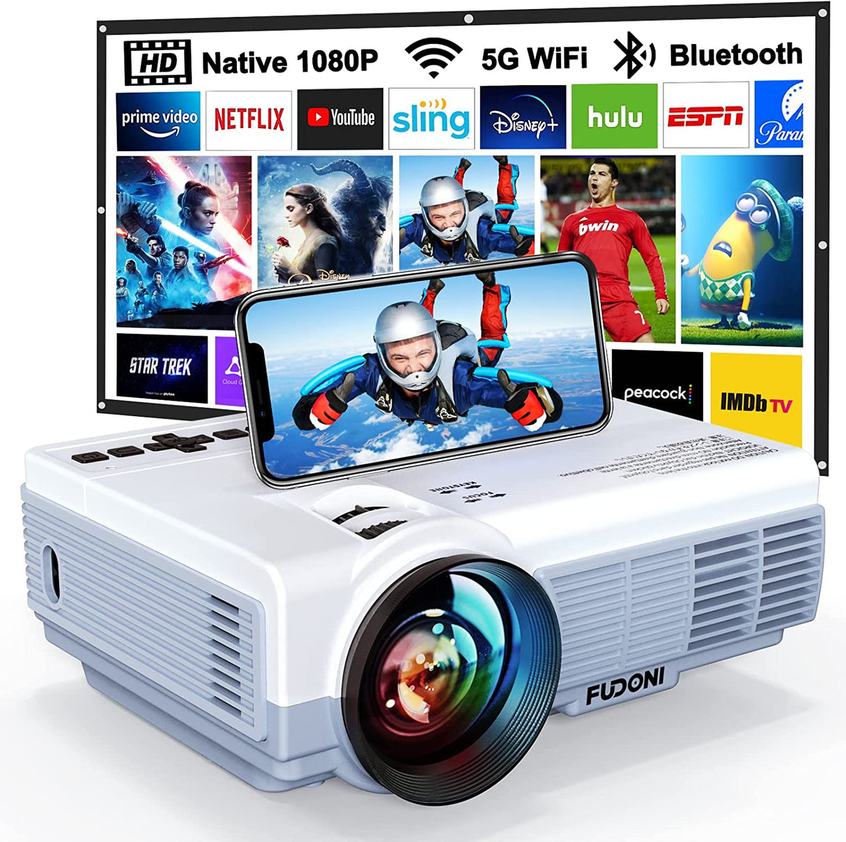 Repabow  4K Projector with Wifi 6 & Bluetooth 5.3, REPABOW 1200 ANSI Native 1080P Outdoor Movie Projector with Sealed Engine/ Keystone/4P/4D/PPT/25% Zoom, Smart Home Theater Projector for Phone/PC/TV Stick