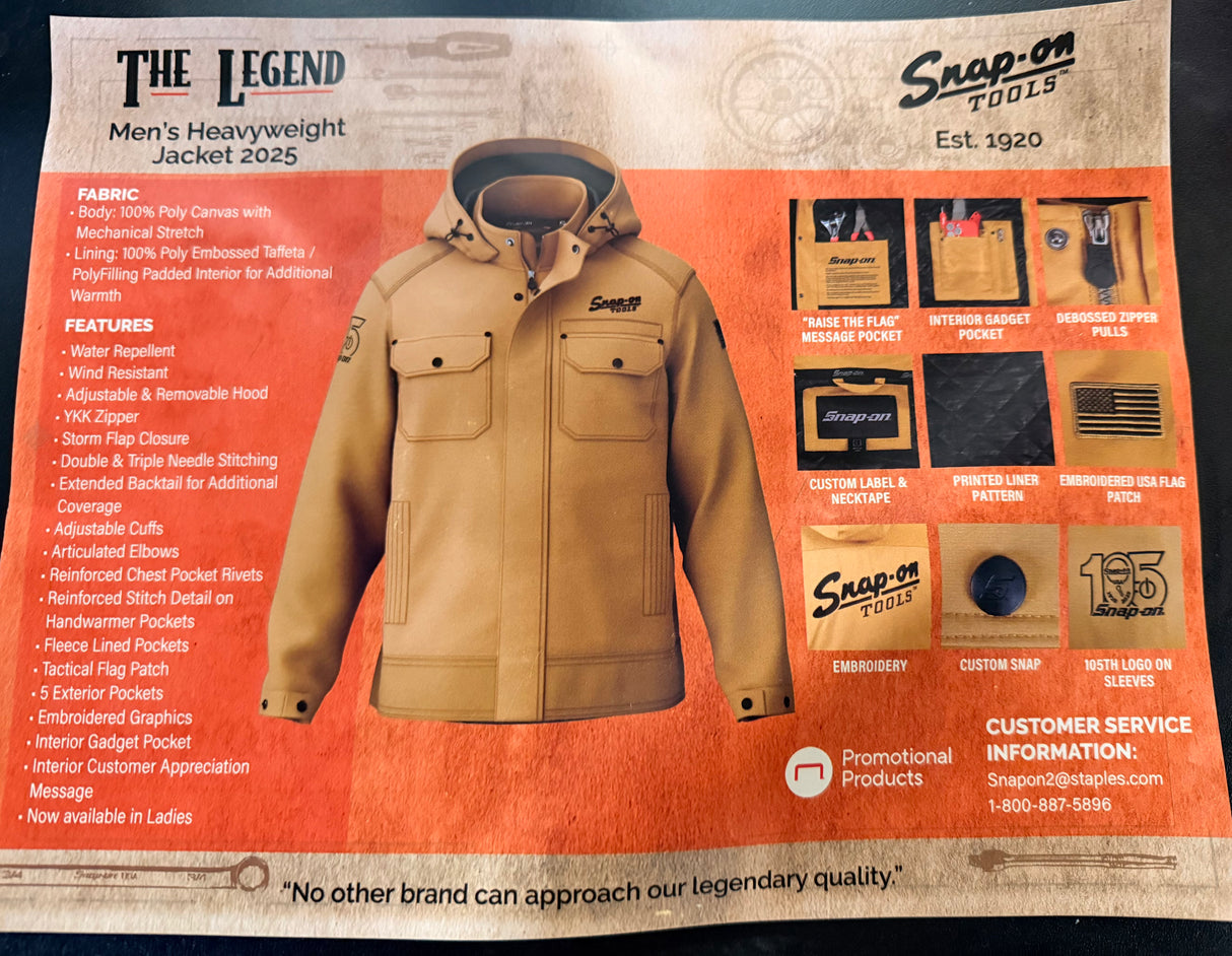 SNAP ON TOOLS 2025 RA HOODED JACKET INSULATED WINTER COAT ZIP UP GOLD TAN NEW