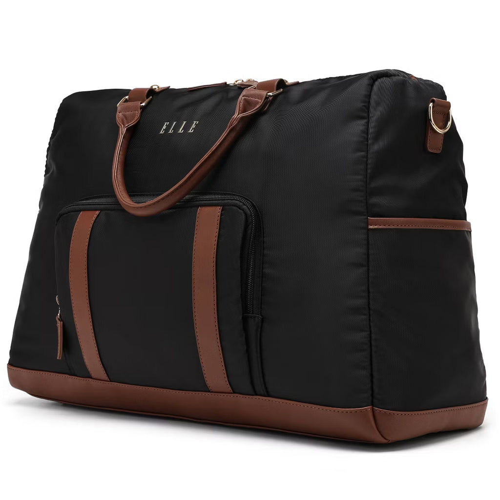 ELLE Luggage Luxe Journey 30L Twill and Vegan Leather Weekender Tote Bag - Black