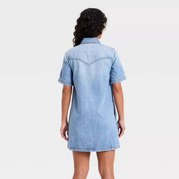 Women's Short Sleeve Denim Mini Shirtdress by Universal Thread - Medium Wash - Small