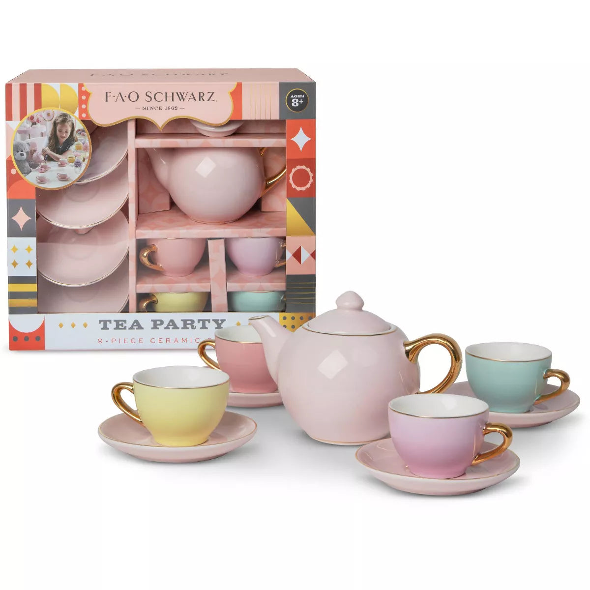 FAO Schwarz Hand-Glazed Ceramic Tea Party Set - 9pc (NEW)