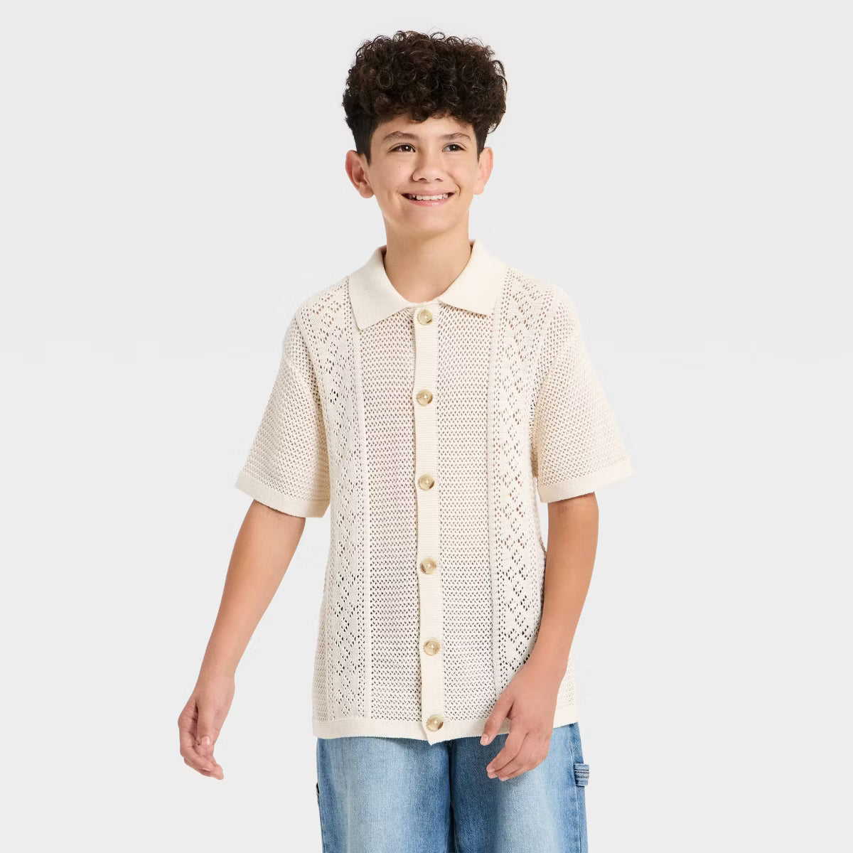 Boys' Open Knit Short Sleeve Sweater by Art Class - Off White - Size Large (10/12)