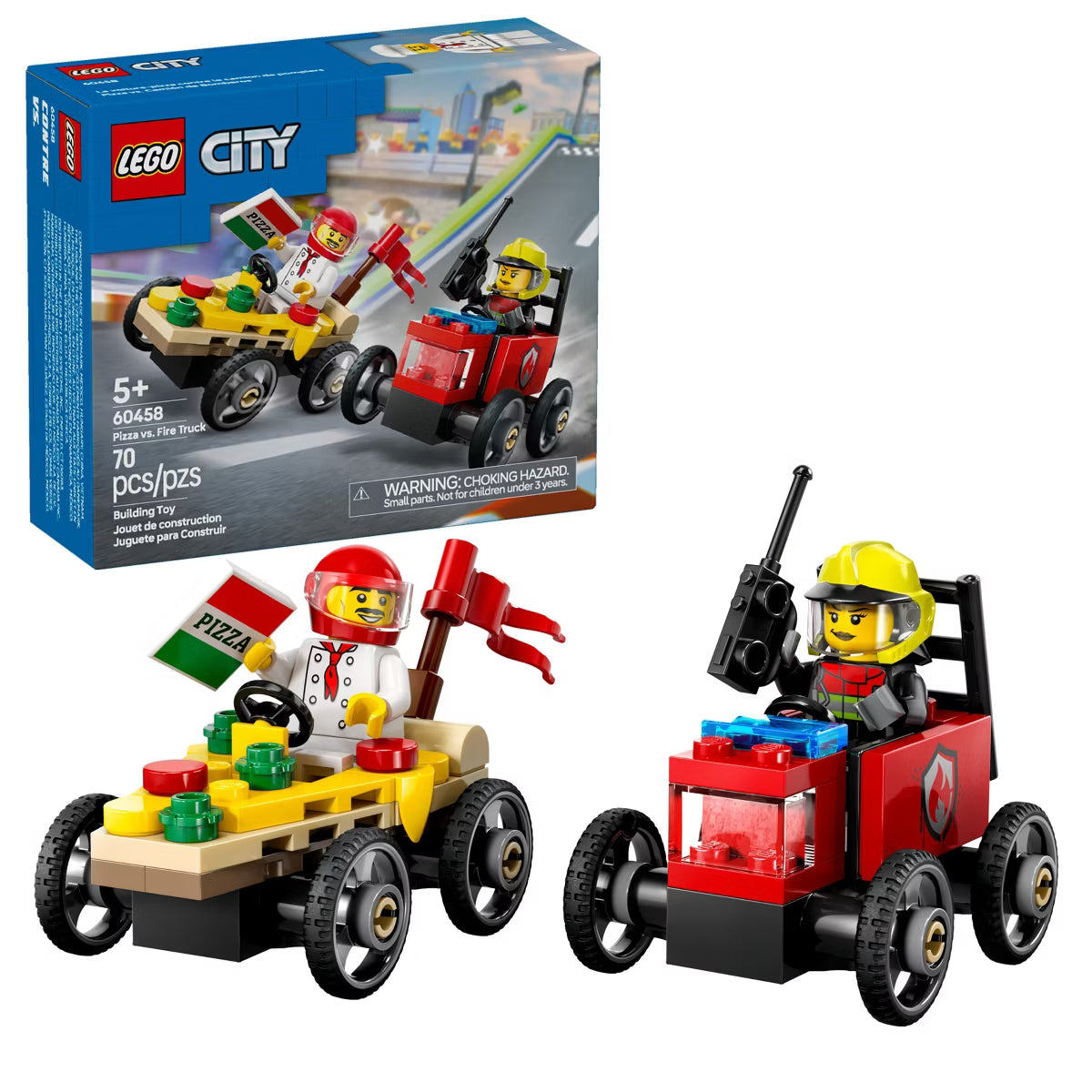 LEGO City Pizza vs. Fire Truck Race Car Pack Building Toy with Chef & Firefighter Minifigures 60458