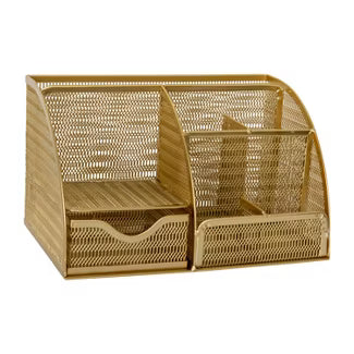 Martha Stewart Ryder Gold Mesh Metal Small Desktop Organizer for Office Accessories, Notebooks, Pen Holder and Drawer