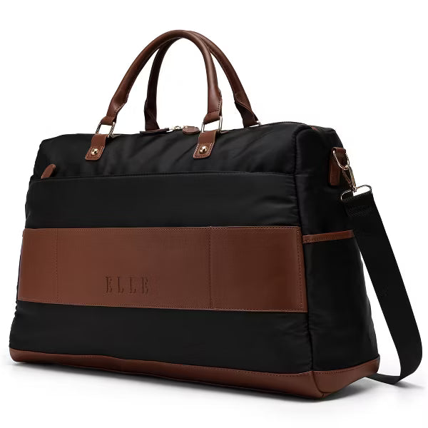 ELLE Luggage Luxe Journey 30L Twill and Vegan Leather Weekender Tote Bag - Black