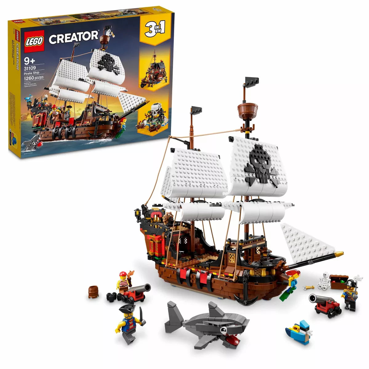 LEGO Creator 3 in 1 Pirate Ship Building Set, Kids can Rebuild The Pirate Ship into an Inn or Skull Island, Features 4 Minifigures and Shark Toy, Makes a Great Gift for Kids Ages 9+ Years Old, 31109