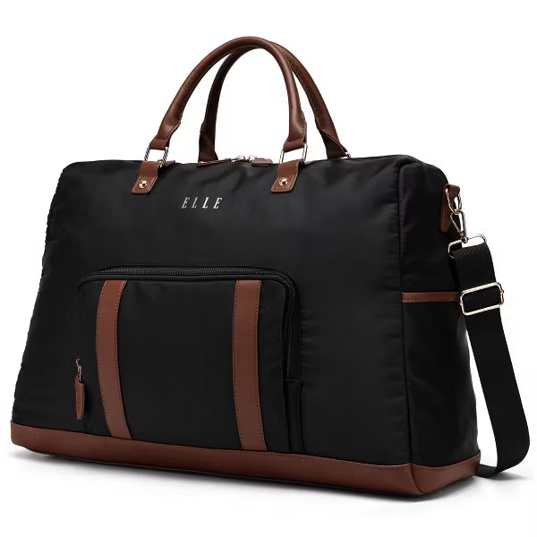 ELLE Luggage Luxe Journey 30L Twill and Vegan Leather Weekender Tote Bag - Black