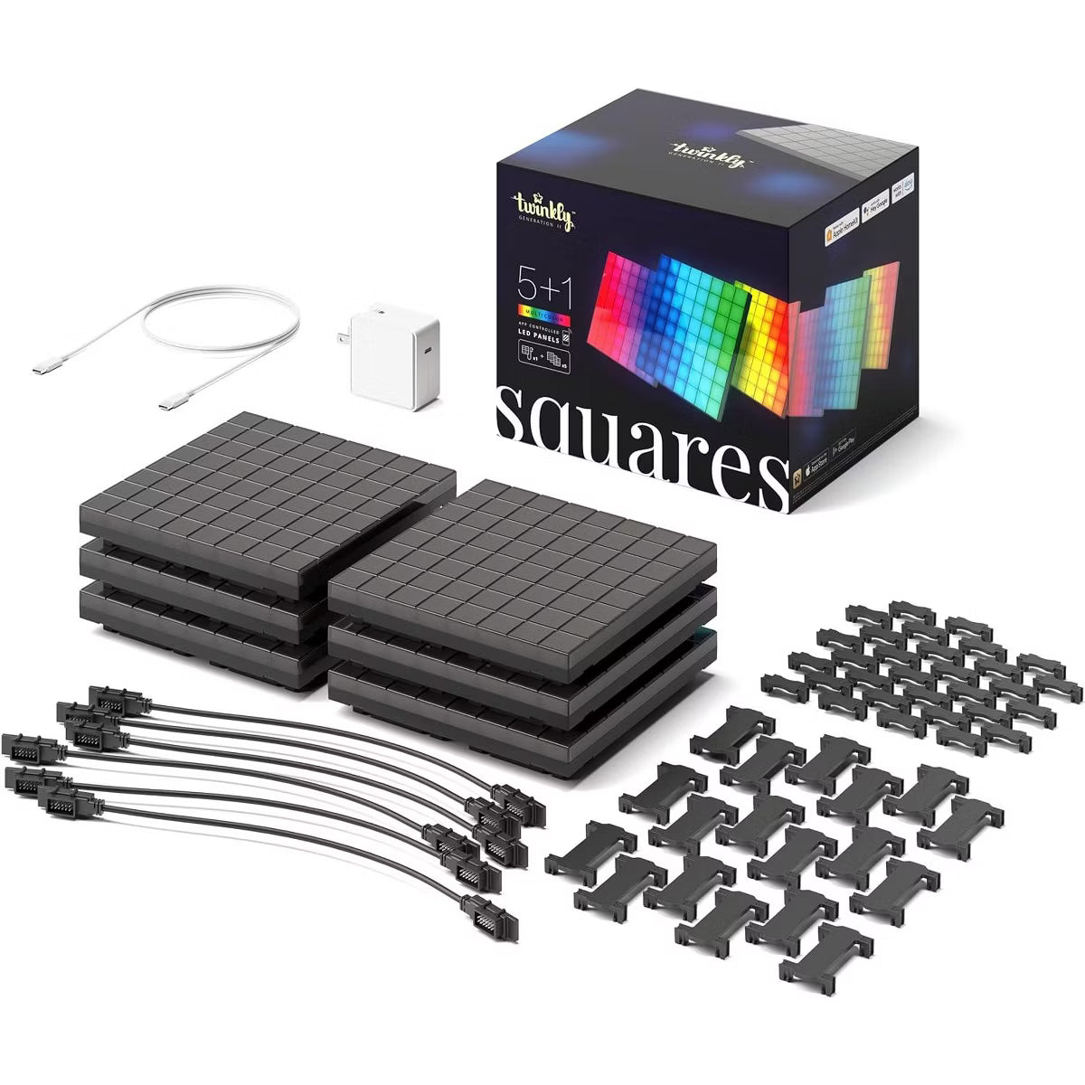 Twinkly Squares Starter Kit App-Controlled LED Panels with 64 RGB (16 Million Colors) Pixels Black - 1 Master Tile + 5 Extension Tiles