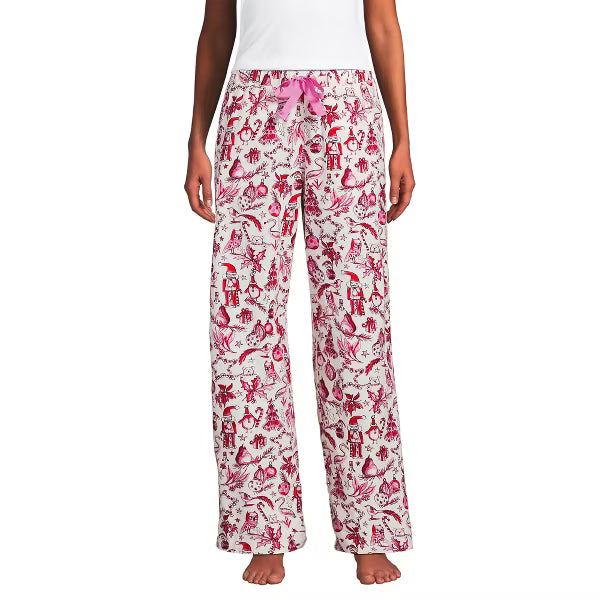 Lands' End Women's Flannel Wide Leg Sleep Pants - Large - Pink/Red Festive Critters