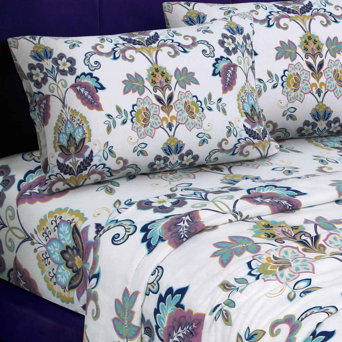 Queen - Printed Pattern Extra Deep Pocket 200 GSM Flannel Sheet Set Abstract Paisley White - Tribeca Living: Includes 2 Pillowcases, Cotton