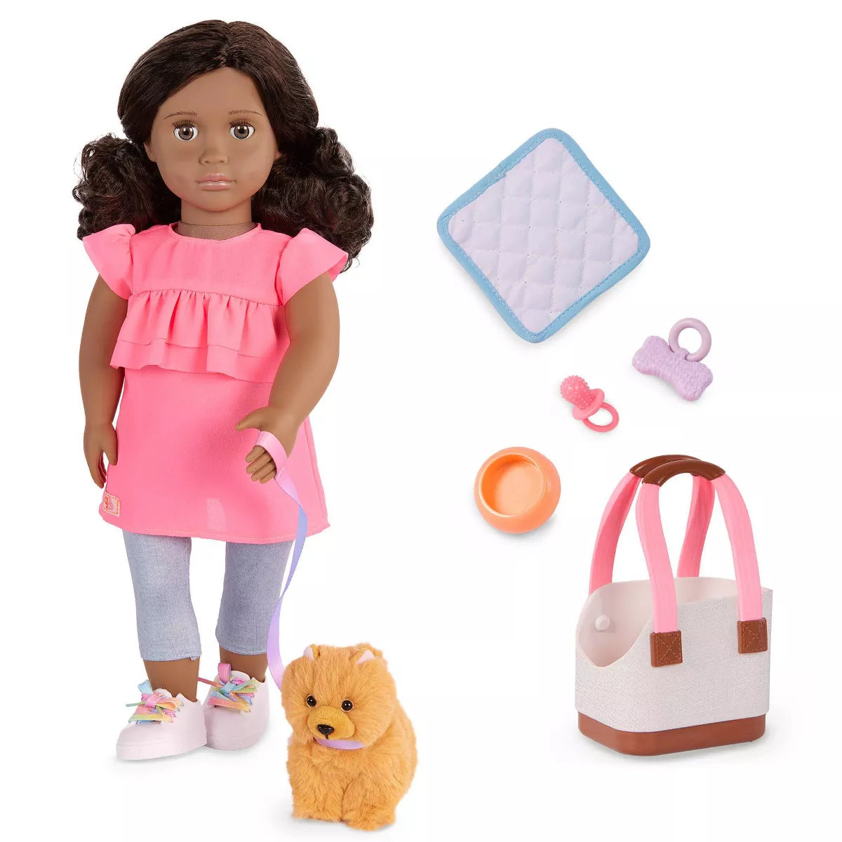 Our Generation Ayanna & Goldie 18'' Doll & Pet Dog Plush Carrier Accessories Set