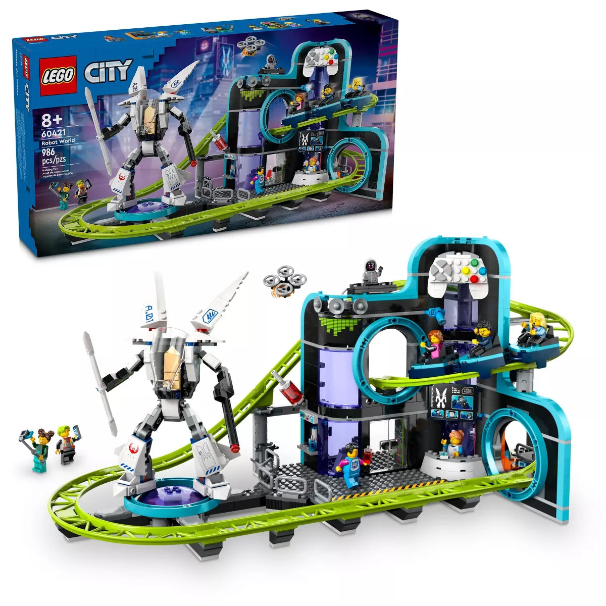 LEGO City Robot World Roller-Coaster Park Adventure Toy, Arcade Themed Roller Coaster Set with Posable Mech Action Figure and 8 Minifigures, Creative Gift for Boys, Girls and Kids Ages 8 and Up, 60421