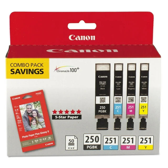 Genuine Canon PGI-250 and CLI-251 4-Color Cartridge Combo Pack with Photo Paper (50 Sheets, 4"x6")