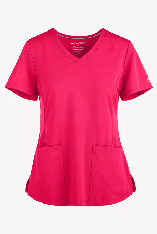 HH Works by Healing Hands Monica Women's 4-Pocket STRETCH V-Neck Scrub Top - Carnation Pink - Size XS