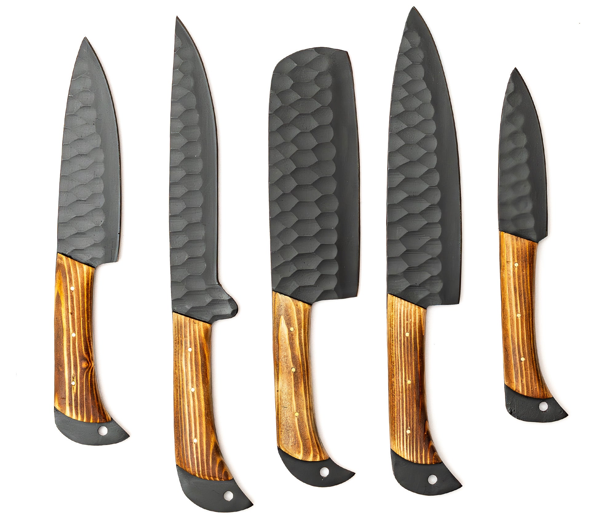 5-Piece High-Carbon Steel Chef Knife Set with Hammered Black Finish and Natural Wood Handles - Includes Brown Suede Wrap Sheath