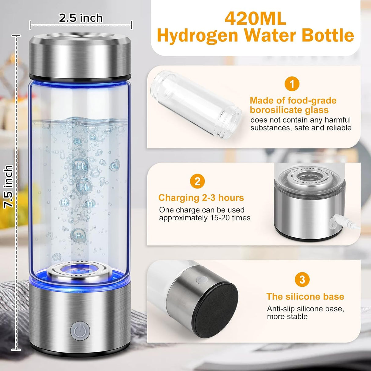 Hydrogen Water Bottle, Hydrogen Water Generator with Advanced SPE PEM Technology, High-Efficiency Portable 420ml Water Ionizer for Office, Travel, Fitness & Everyday Hydration