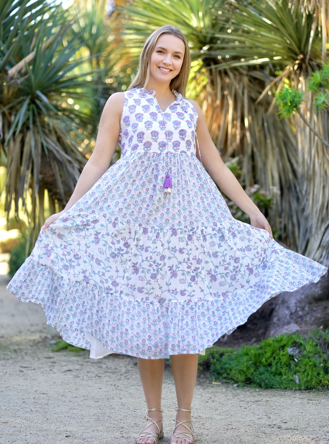 Dolma Inc.-Nola Sleeveless Block Print Dress Lavender Teal-L