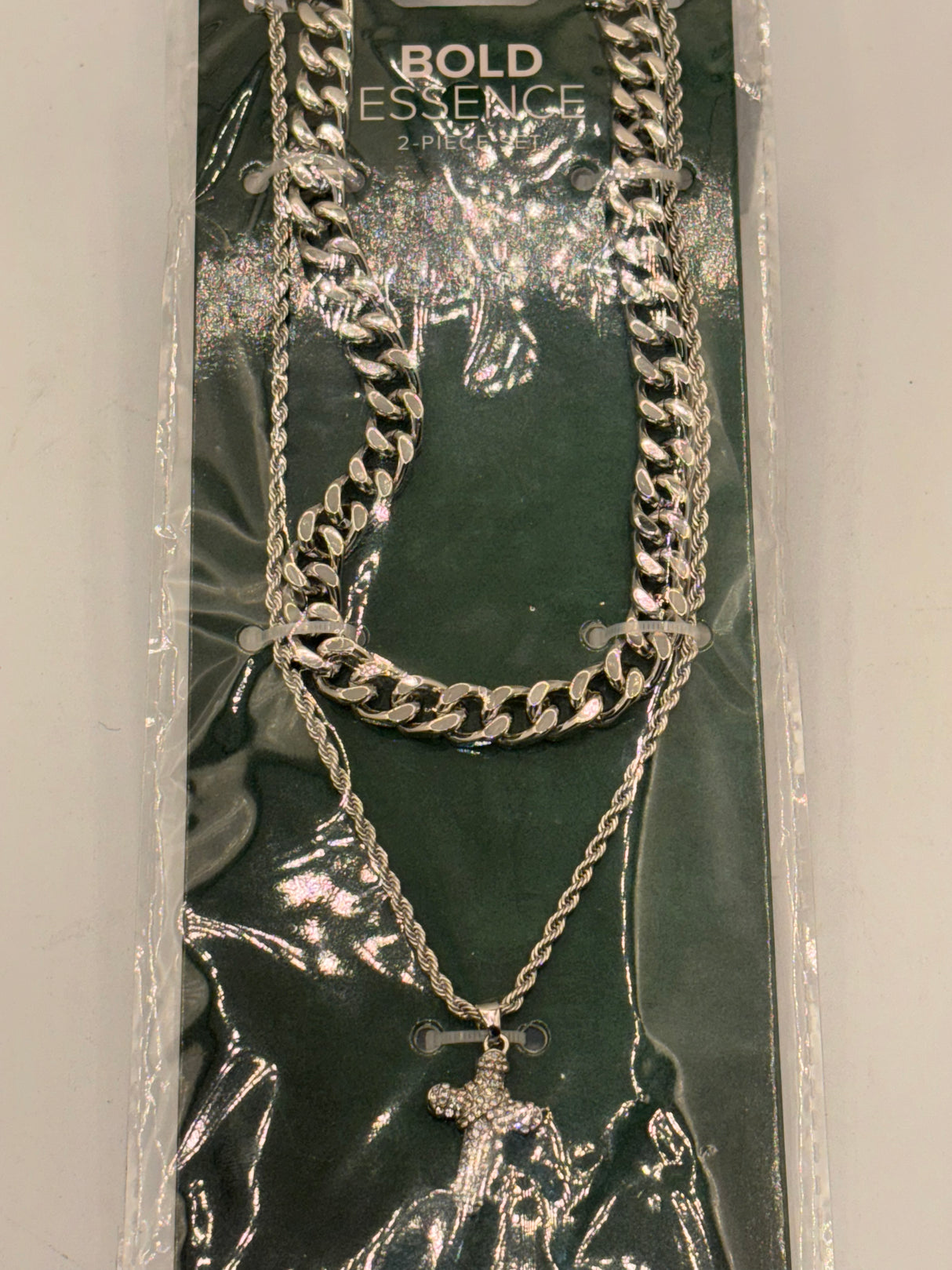 Bold Essentials 2-Piece Set Silver Cuban Chain & Small Chain w/Silver Cross