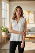 Karl Lagerfield Paris Ruffle Rosette Trim V-Neck Blouse - Soft White - Size Small
