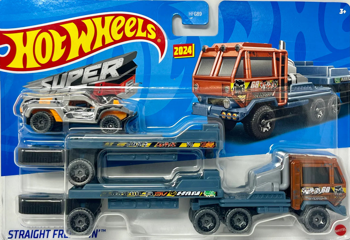 Hot Wheels Toy Car & Truck, Super Rigs 1:64 Scale Race Car & Matching Semi Truck Transporter
