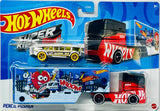 Hot Wheels Toy Car & Truck, Super Rigs 1:64 Scale Race Car & Matching Semi Truck Transporter