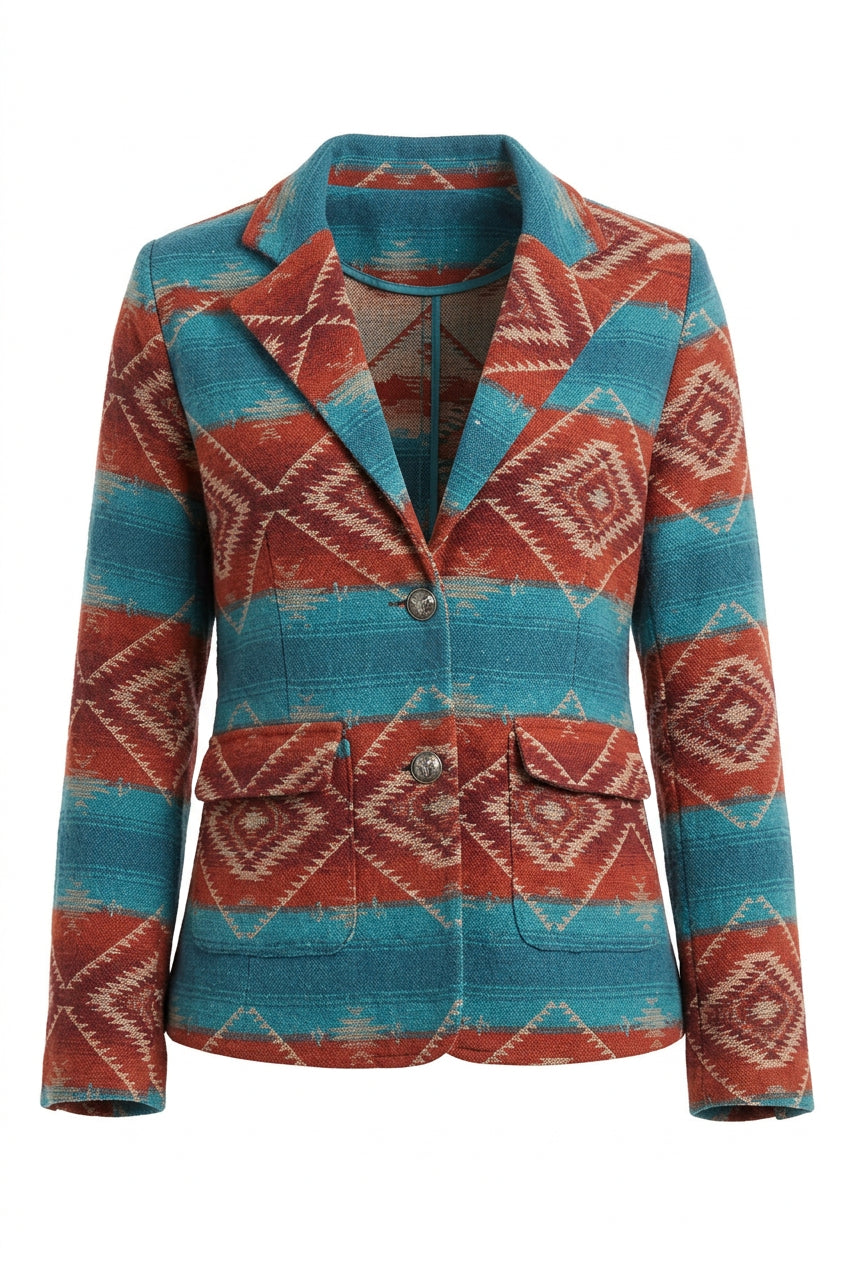 LUCKY & BLESSED Turquoise Rust Aztec Western Blazer Jacket Size Small